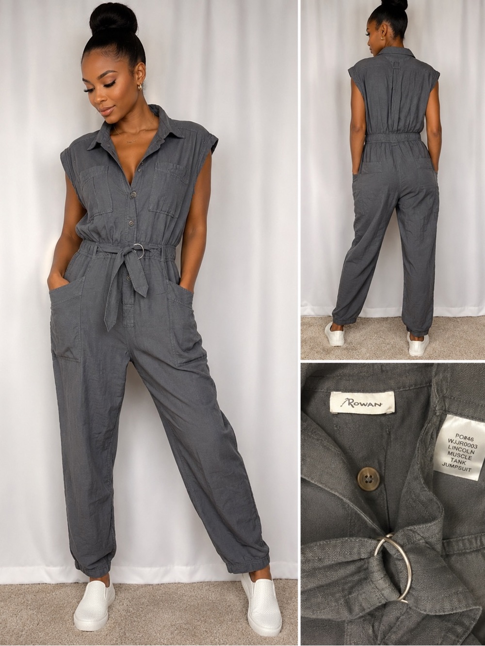 Rowan Lincoln Muscle Tank Jumpsuit Gray Utility Belted Size M